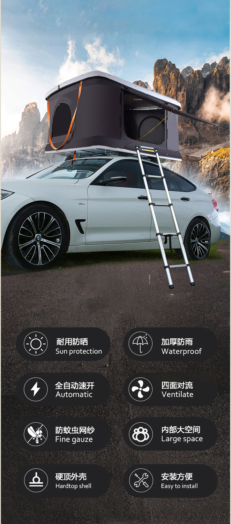 6EXP.TENT.RF.FX.19 Hard Shell Roof Tent Fits All Cars Perfect for Camping Travelling