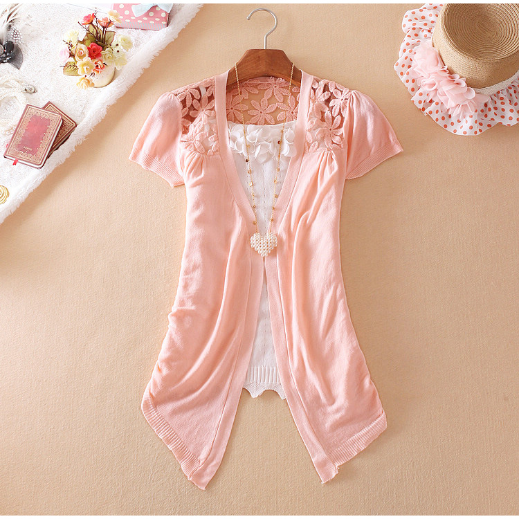 Spring/Fall Hot Selling Fashion Women's Clothing Brand See Through White Short Sleeve Crochet Net Lace Cardigan