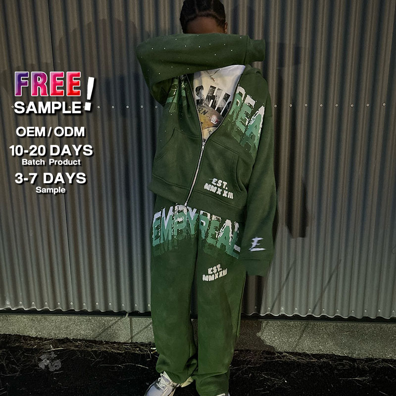 Custom Full Face Zip up Hoodie Screen Print Logo Rhinestone Sweatsuits Acid Wash Stacked Flared Sweatpants and Hoodie Set