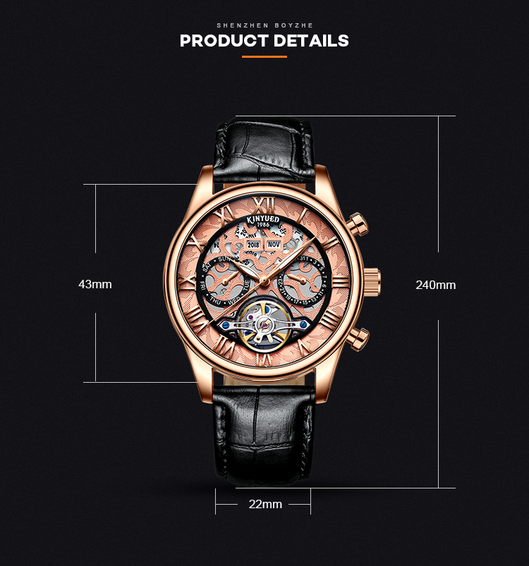 KINYUED genuine leather tourbillon mens automatic watch skeleton mechanical watch luminous watch