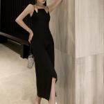 Retro Irregular Hem Suspender Sexy Elegant Black Dress