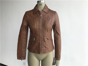 China Ladies Soft Camel Pleather Jacket , Gold Polo Collar Pu Jackets For Womens Tw75798 wholesale
