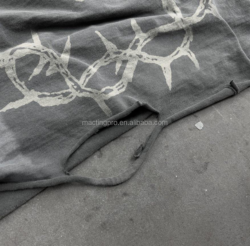 Men'S Graphic Long Sleeve Shirts With Raw Hem Acid Washed Knitted Weaving