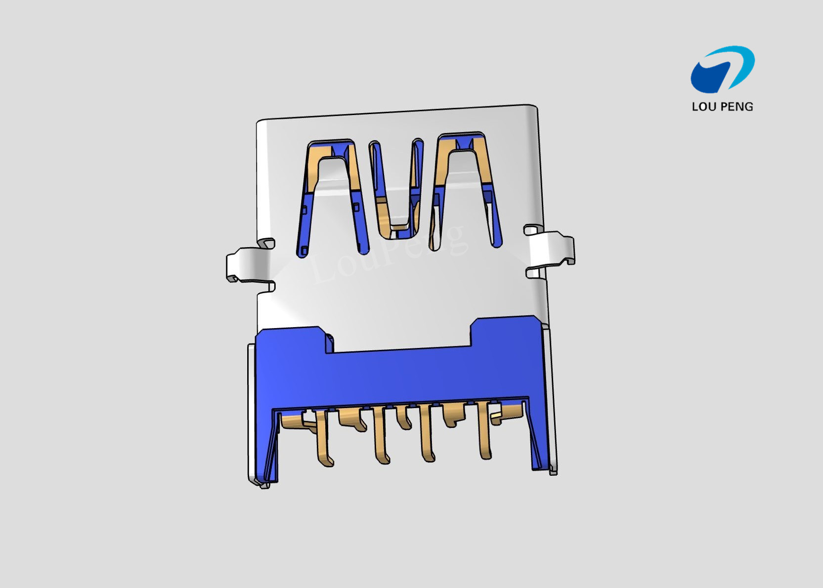 3.0MM USB A TYPE 9PIN FEMALE 90 ° Sinking plate Gold-Plated BLUE