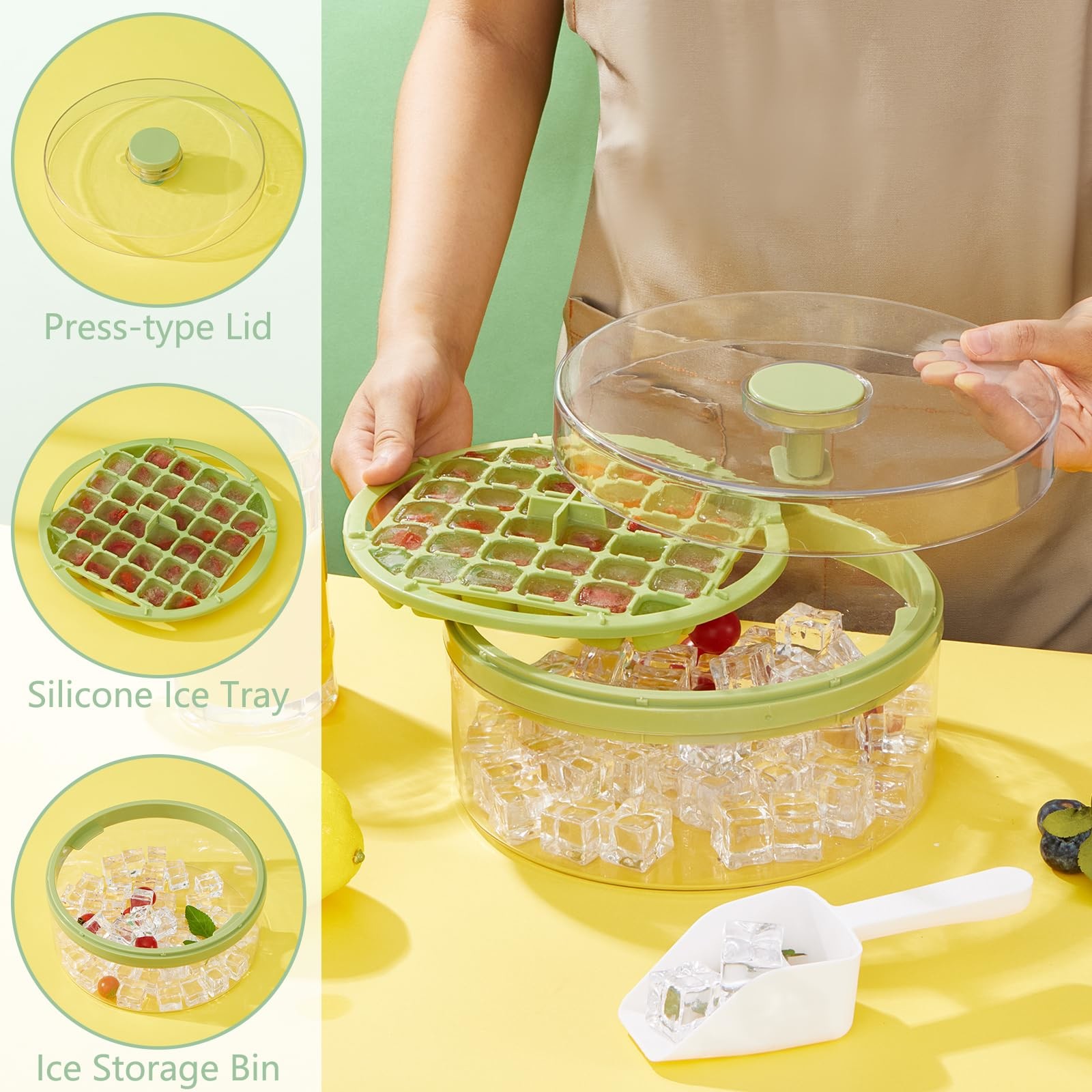 Ice Cube Trays Mold With Lid And Bin For Whiskey Cocktail Juice Coffee