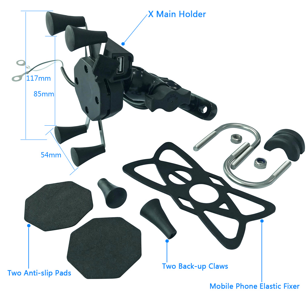 5V 2.5A Handlebar X Claw Motorcycle Phone Mount Stand Black Color