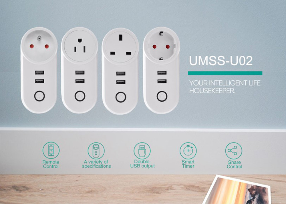 Smart WiFi Power Plug Outlet Socket with 2PCS USB Port App Control Timer Function Compatible with Amazon Alexa Google
