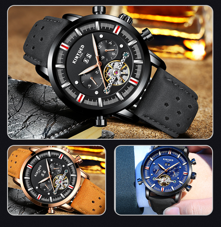 KINYUED J019-4 Private Label Black Case Black Dial Genuine Leather Auto Date Skeleton Automatic Mechanical relogio masc