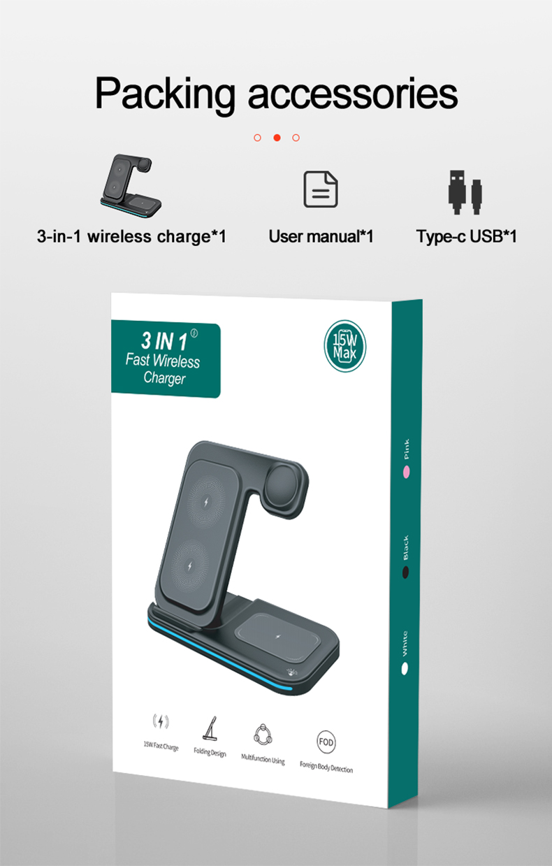Portable 15W 3 In 1 Fast Charging Desktop Foldable Mobile Phone Universal QI Wireless Charger Stand Holder For Phone Airpod iWatch