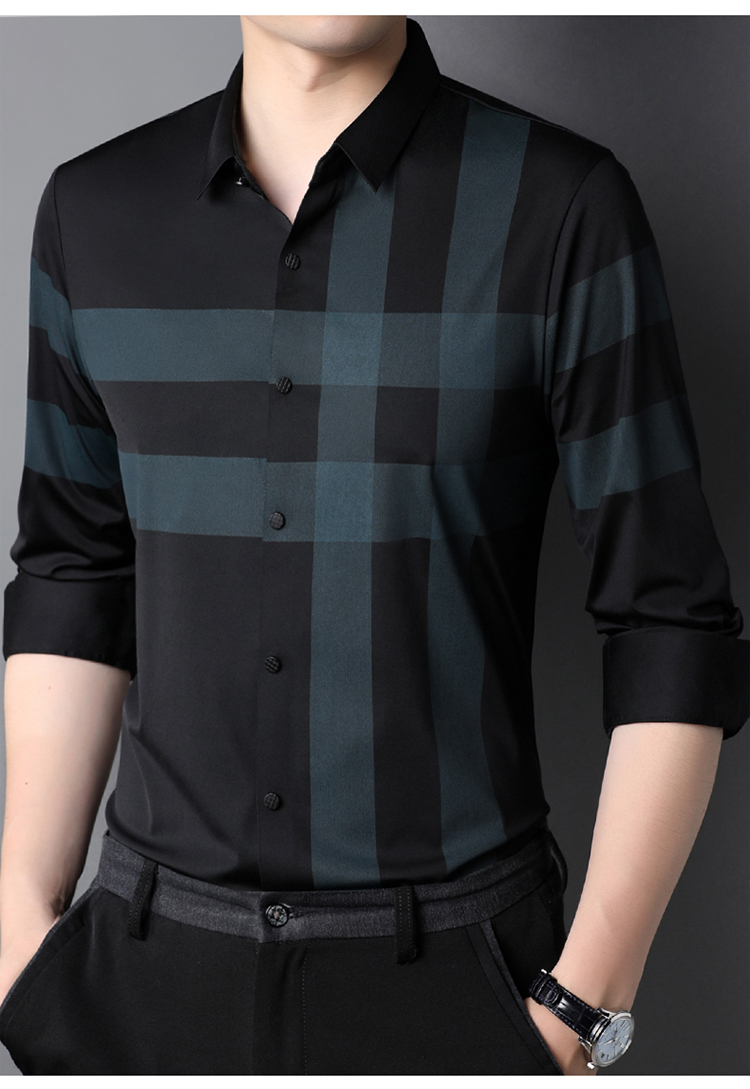 Striped Polyester/Cotton Casual Black Shirt for Men Slim Fit Long Sleeve Shirts