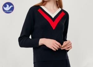 China Stripes V Neck Womens Knit Pullover Sweater Rib Knitting Wool wholesale