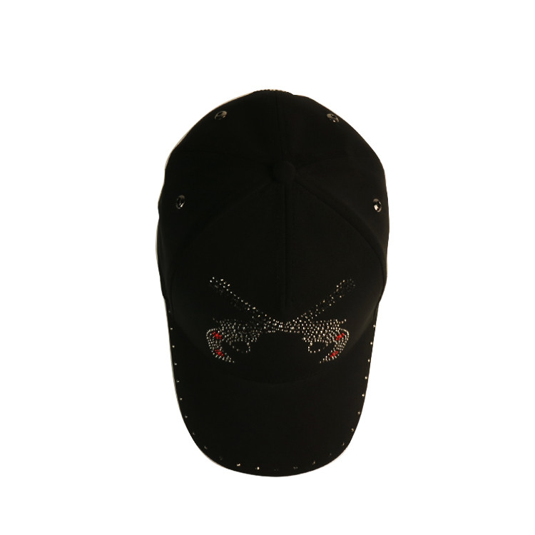 OEM ODM Fashion Rhinestone Baseball Cap , Black Constructed Baseball Hat Metal Buckle
