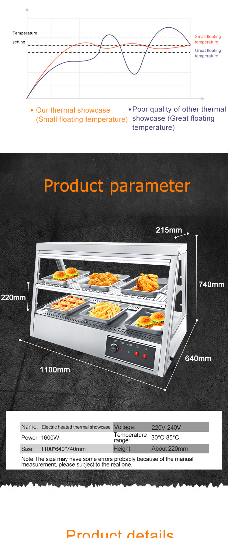 1600W Commercial Kitchen Counter Top Fast Food Warmer Display Showcase for KFC Chicken