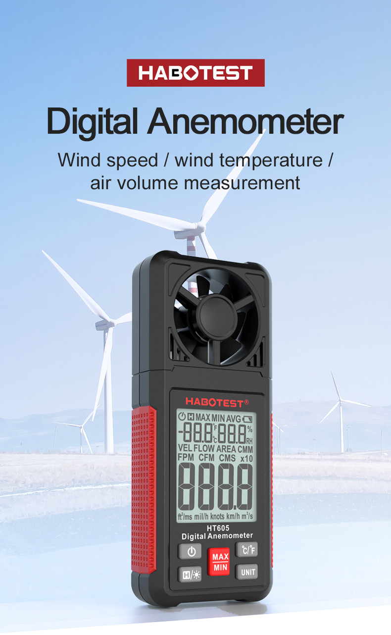 Data Hold Function HT605 Portable Digital Anemometer with Air Velocity Range 0.7-30m/s and Temperature Humidity Meter