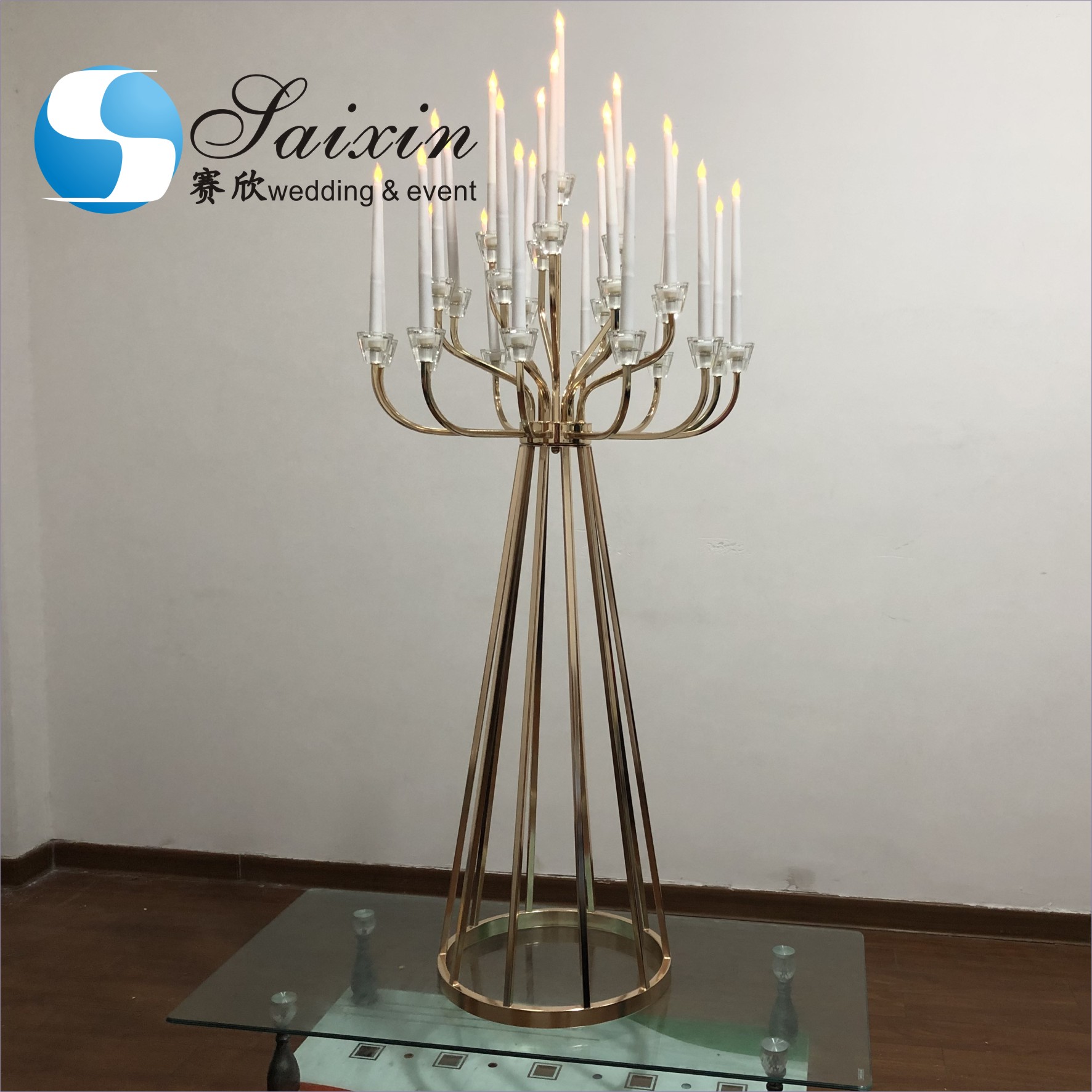 Black Gold Metal Wedding Flower Stand With Three Branch Hanging Candle Holder