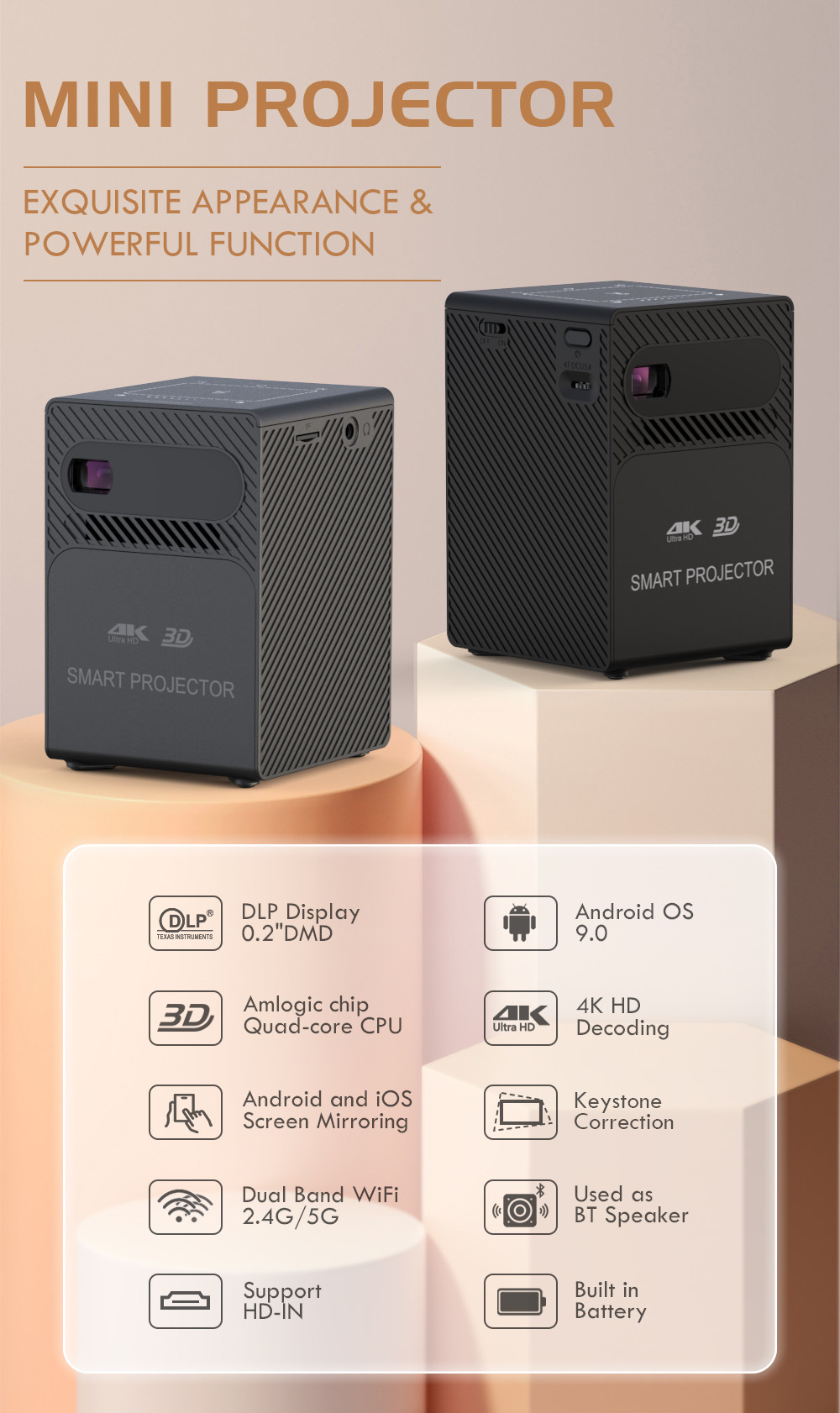 Home Movie Smart Touch Small Square Projector Native 1080P Outdoor Portable
