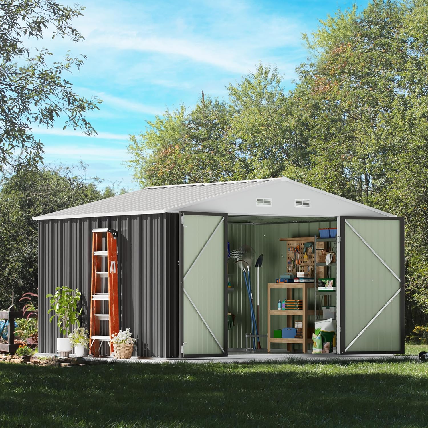 Outdoor Storage Tools Shed Large Size 8x10FT Metal House with 66.5" Height Steel Doors