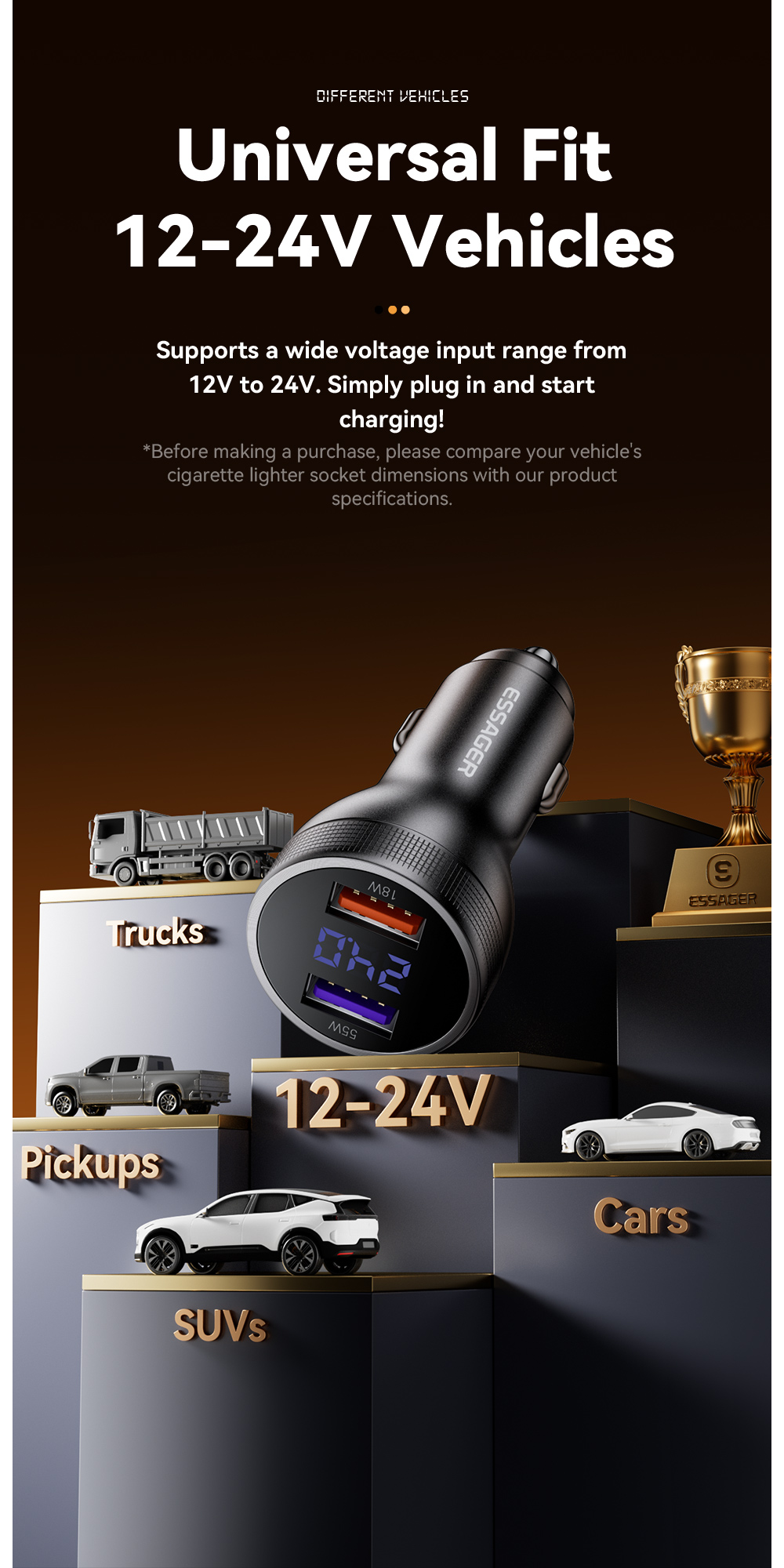 ESSAGER ES-CC18 Series 73W USB-A Car Cell Phone Charger Outlet Quick Car Charger