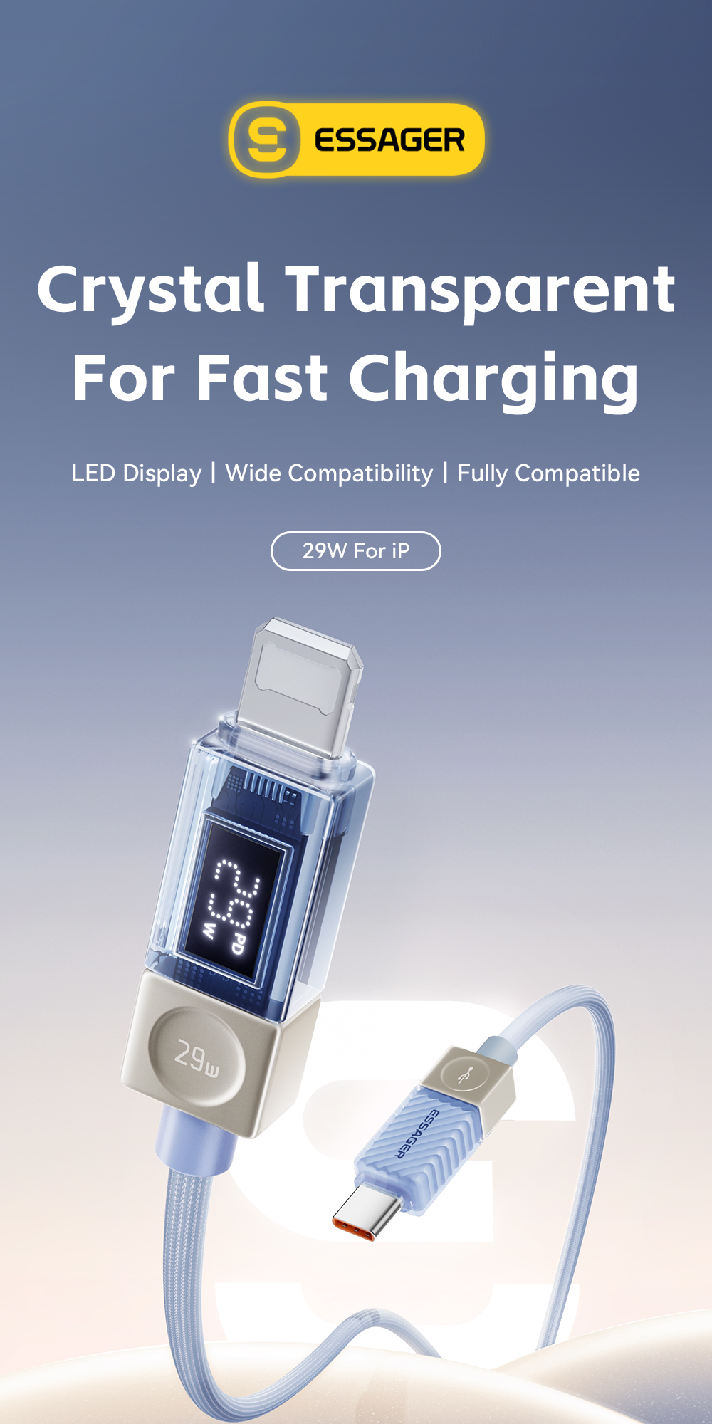 ESSAGER ES-X76 Usb C To Lightning Pd 29W Charging Data Cable 3Ft 6Ft Digital Display