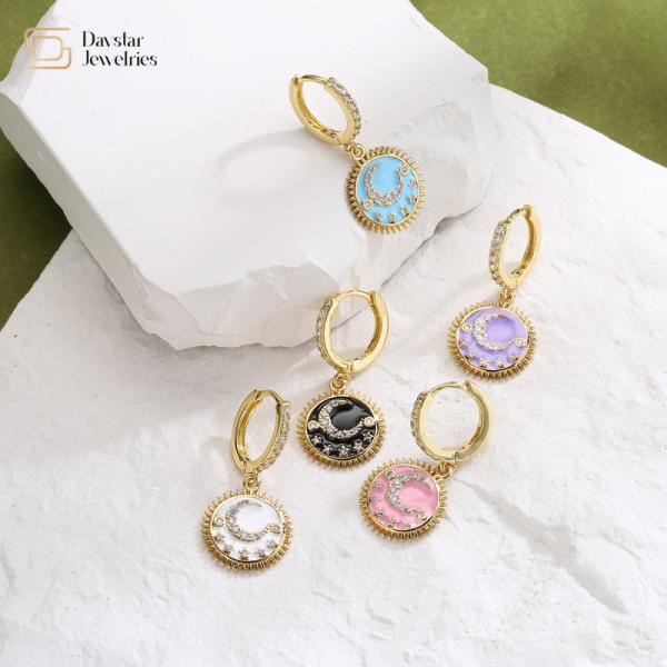 Moon And Star 24k Gold Plated Jewelry Round Dangle Drop Earrings