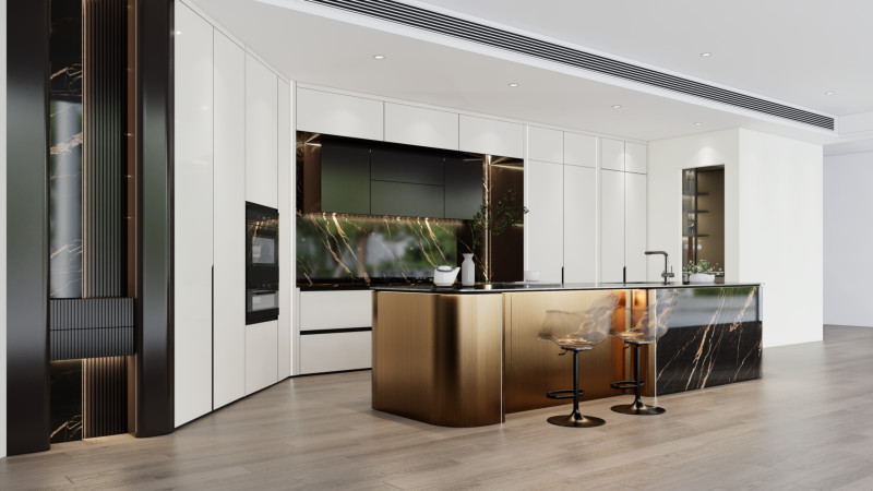 Luxury SS Modern Kitchen Cabinet With Multifunctional Curved Metallic Gold Island