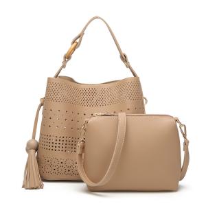 China Hollow Out Beige Faux Leather PU Bucket Barrel Purse Leather wholesale