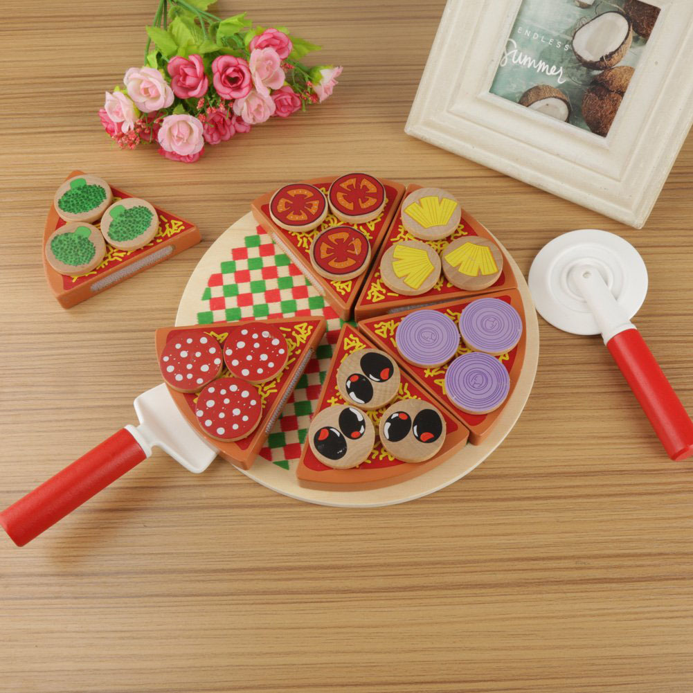 Wooden Beech Wood Pizza Food DIY Toys Kitchen Toy Set for Children Role Play Unisex
