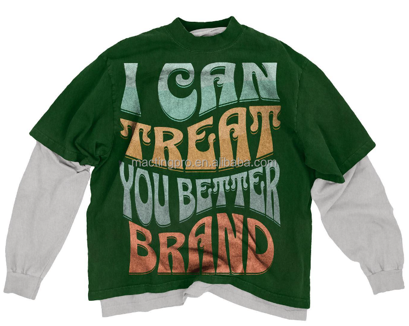 O-Neck Collar Double Layered Long Sleeve T-shirt for Unisex Distressed Vintage Washed