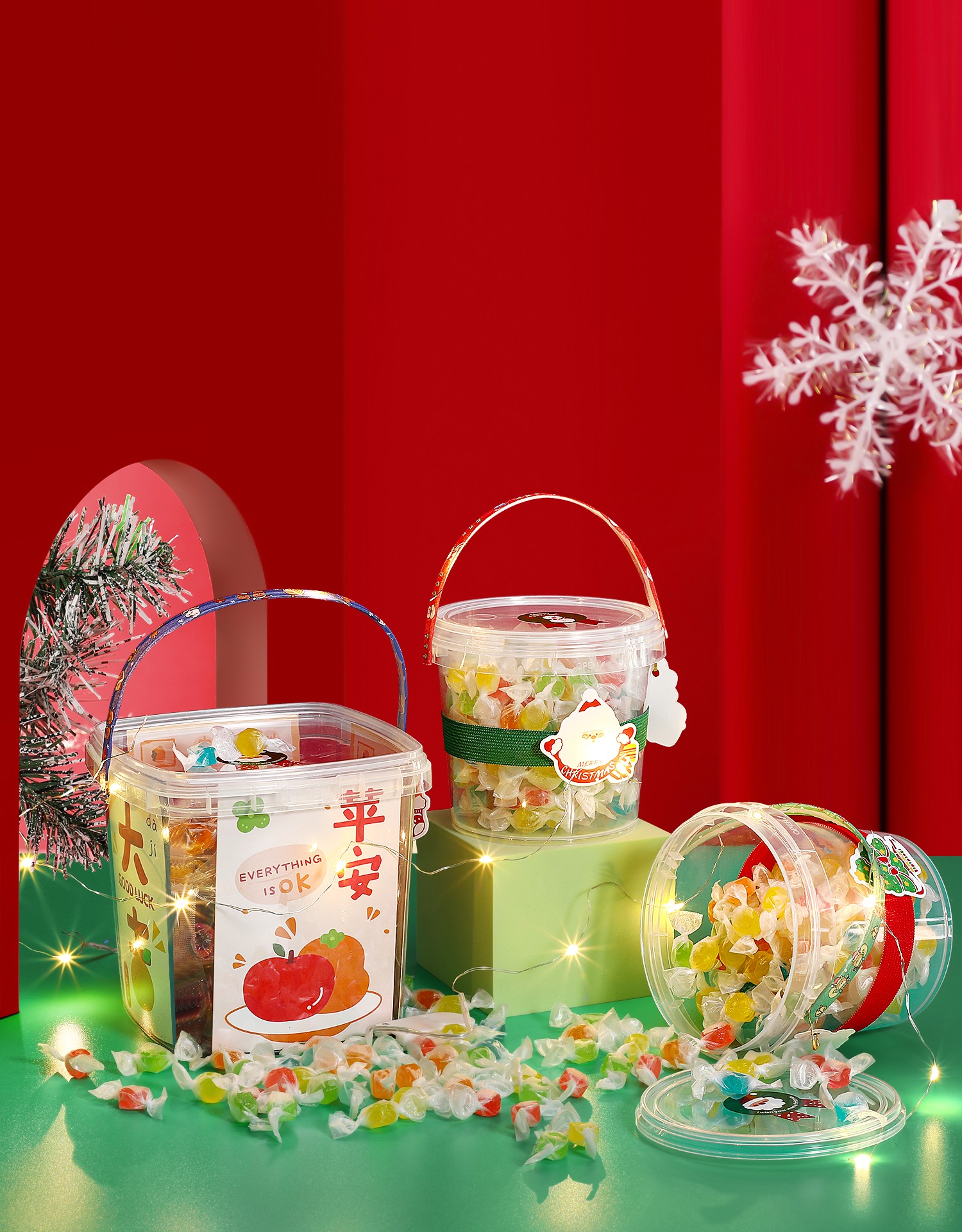 1L Thicken Decorative Round Plastic Buckets With Handle for Christmas Gift Toy Package