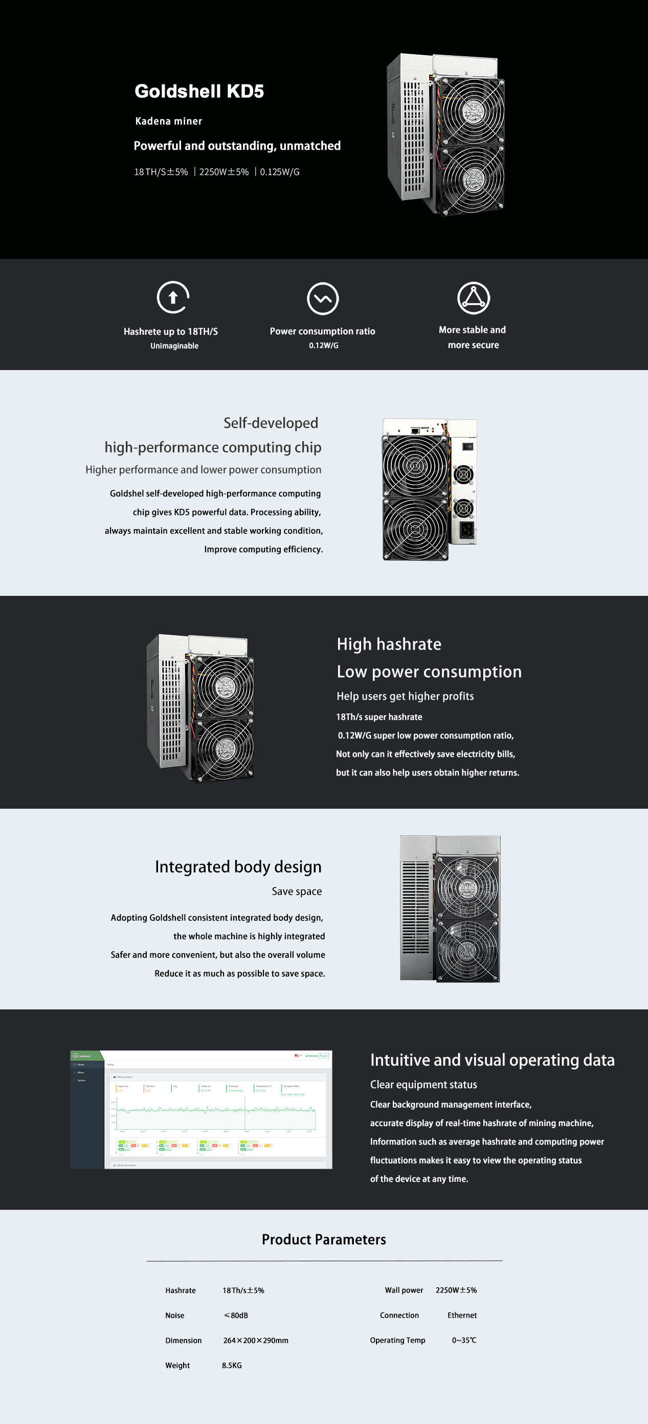 KD BOX Goldshell KDA ASIC Miner 155x97x86mm 1.6Th/S 205W Power Consumption