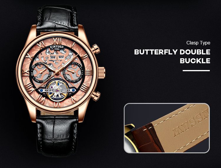 KINYUED genuine leather tourbillon mens automatic watch skeleton mechanical watch luminous watch