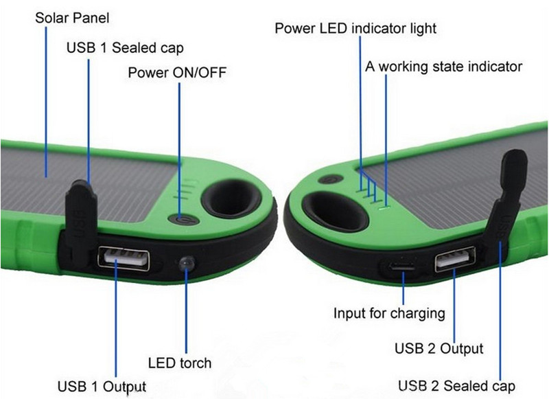 5000mAh Portable waterproof multi solar charger for mobile phone