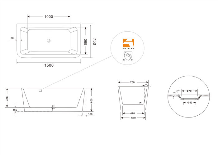 Customized Acrylic Free Standing Bathtub With Center Position Drainer
