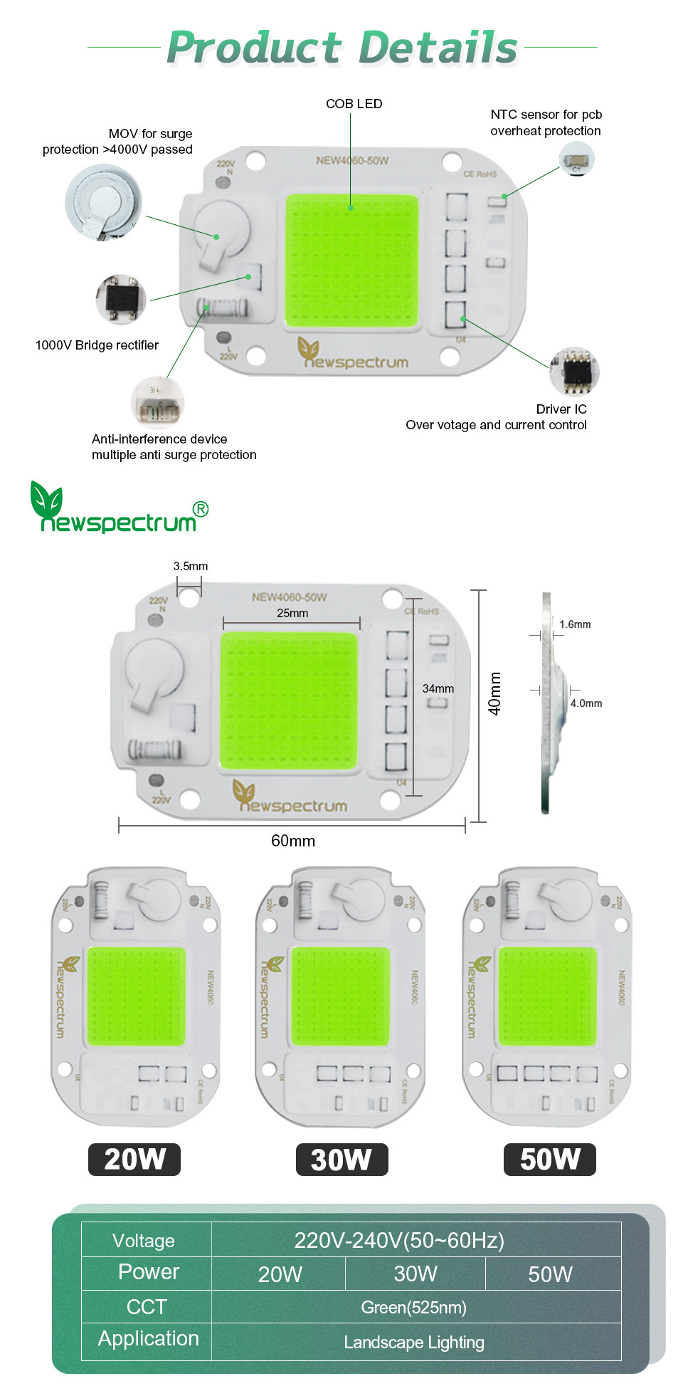 AC COB Flip 50W LED Chip Surge Protect For Landscape Lighting