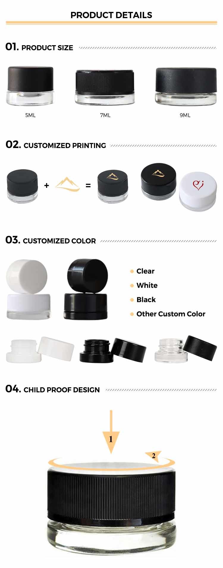 White Concentrate Glass Jar with CR Screw Cap Clear Blach Custom Wax Jar Dab Jar Packaging