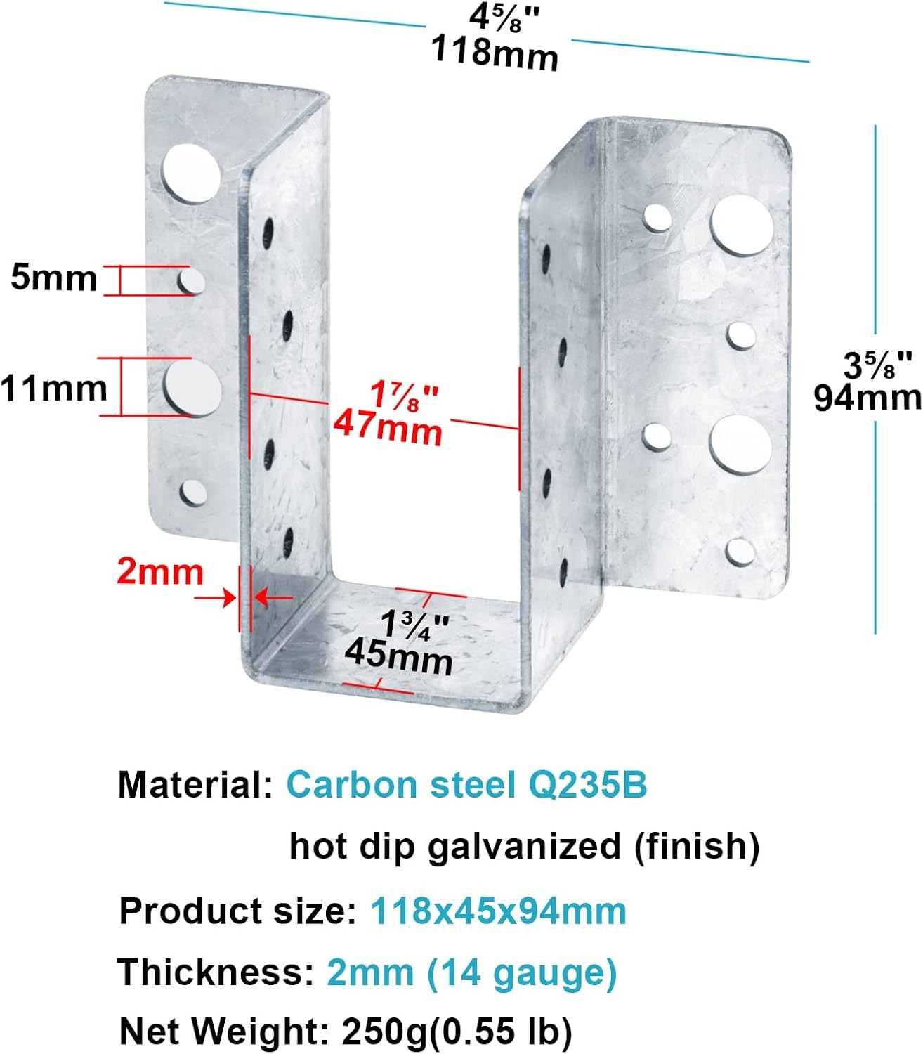 LU26 Light Face-Mount Joist Hanger - Wood Construction Connectors, 20 Gauge Galvanized Steel Brackets, Hurricane Rafter Ties, 2x6, 100 Per Pack