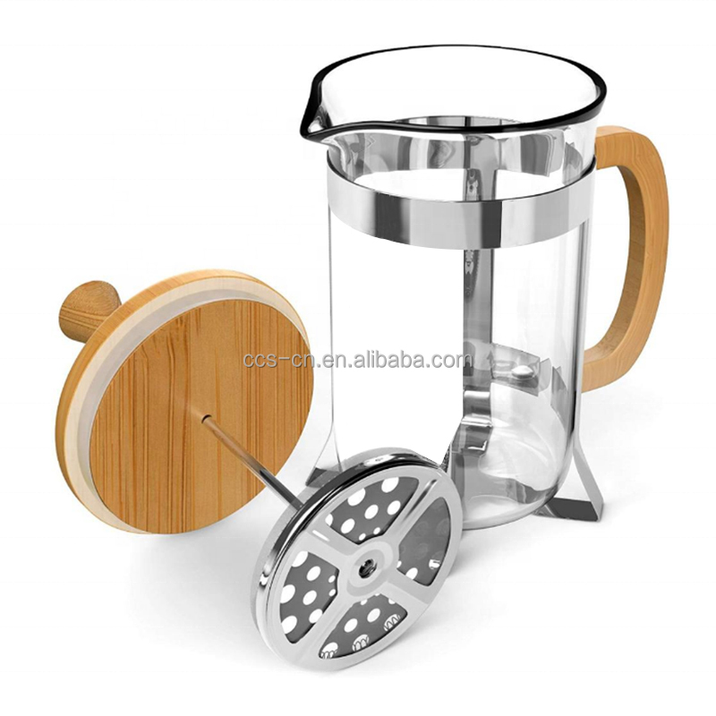 Stainless Steel Frame Portable Coffee Makers High Borosilicate Glass Coffee Press Bamboo French Press With Bamboo Handle