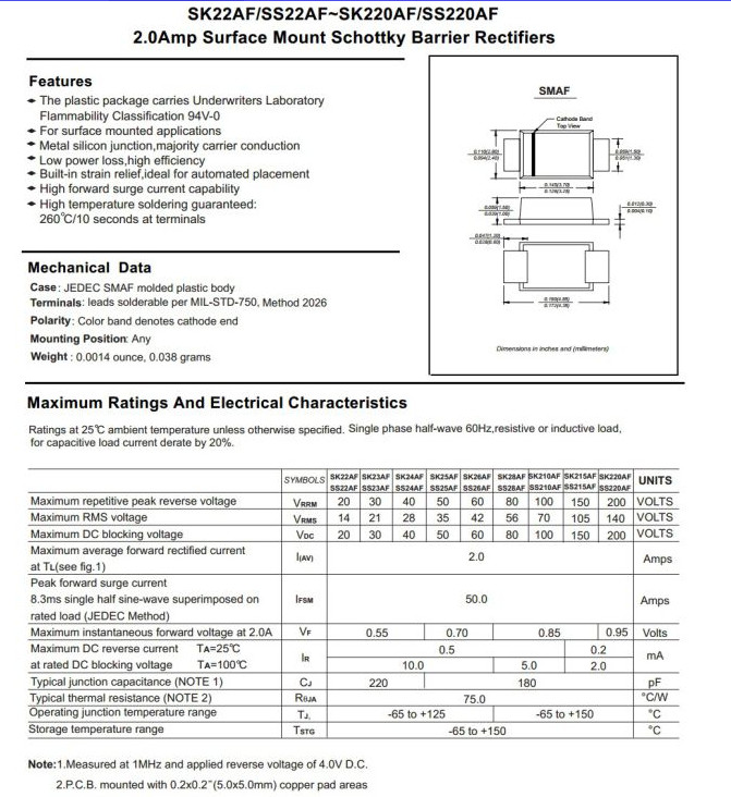 2A Ss22f Thru Ss220f Schottky Barrier Rectifier Diode Smaf Package