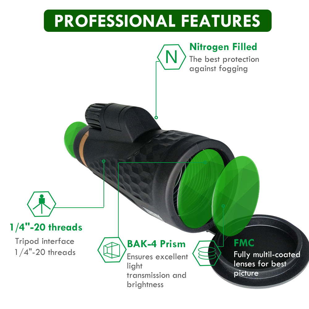 18x62 HD Bak4 Mobile Phone Telescope Low Night Vision For Adults Birding Hunting Hiking