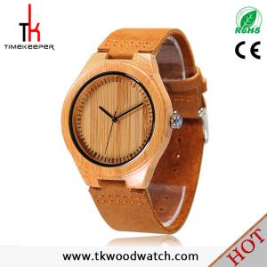 China 2016 Factory price Hot selling Leather strap Ronda movement quartz bamboo watch wholesale