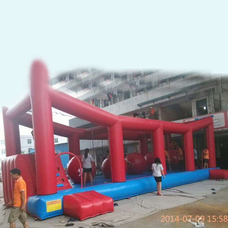 Red N Blue Corridor Inflatable Sports Games With Obstacle Balls N Climbing Wall