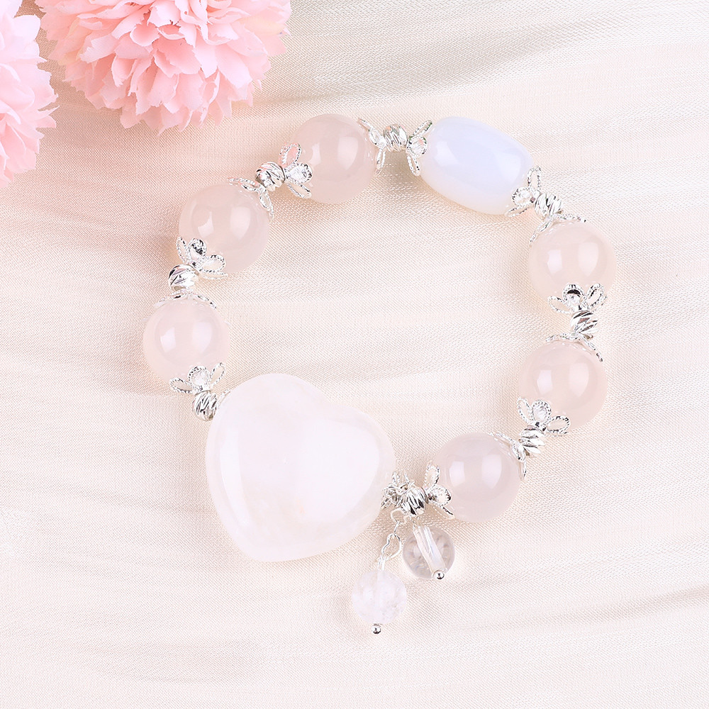 Semi-Precious Gemstone Healing Energy White Agate With Clear Big Heart Bracelet For Daily Wear