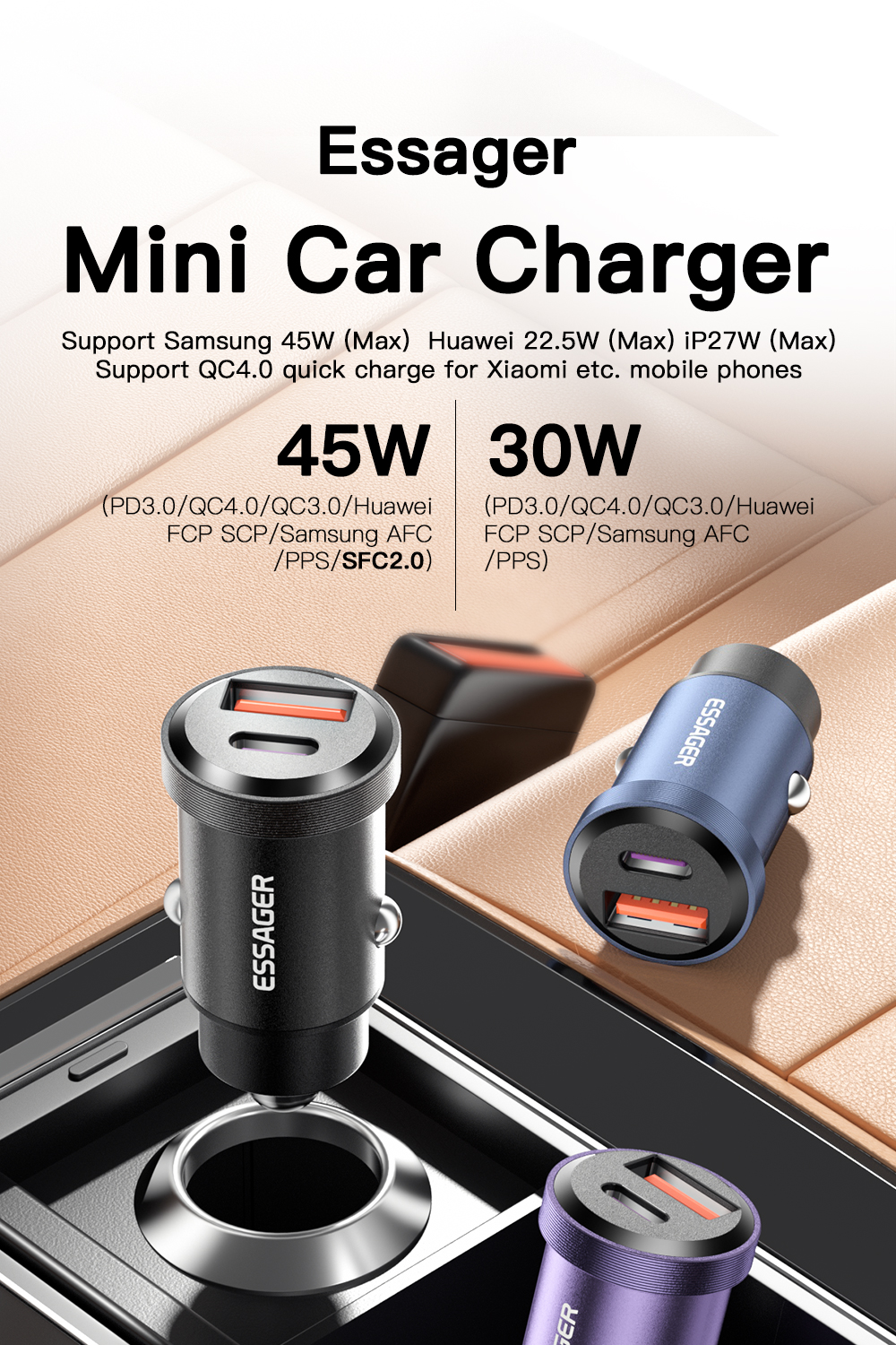 Essager 2022 Gyroscope Fasr 30W 45W Mini Car Charging 2 Port USB Type C Car Charger With Over-Charging Protection