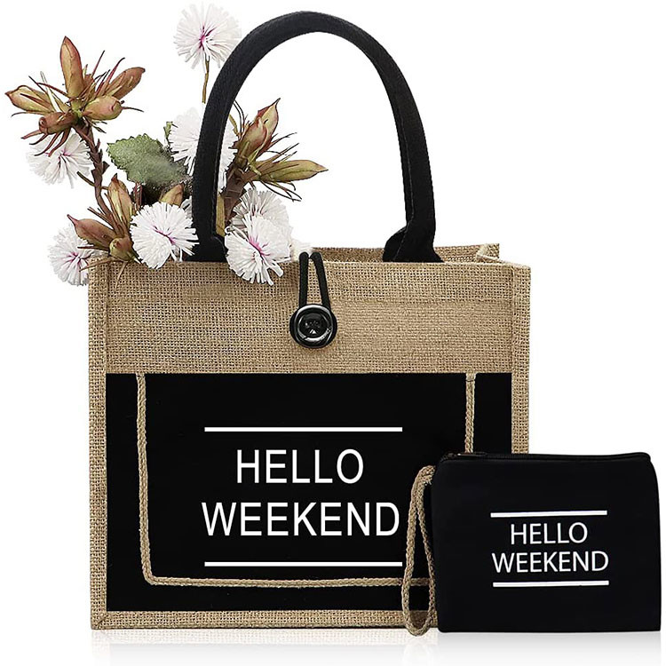 Printed Shopping Jute Tote Bags Organic Burlap Beach Bag