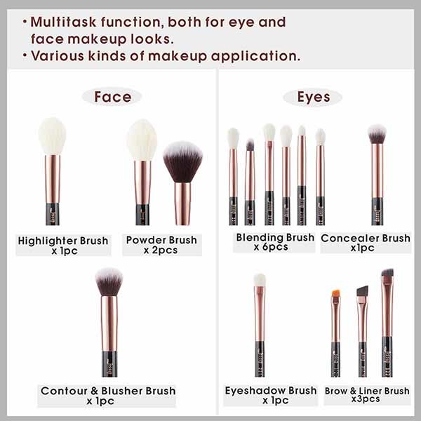 Jessup 15pcs Rose Gold Makeup Brushes Natural Hair Cosmetic Brush Kit
