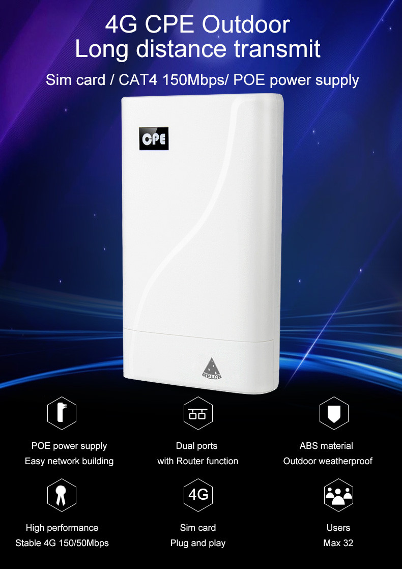 300mbps CAT4 Wifi Wireless Sim Card Outdoor 4G LTE CPE Router With POE Power