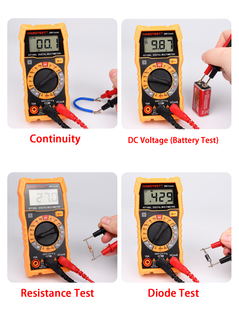 2000 Counts Handheld Digital Multimeter , 600V Portable Digital Multimeter