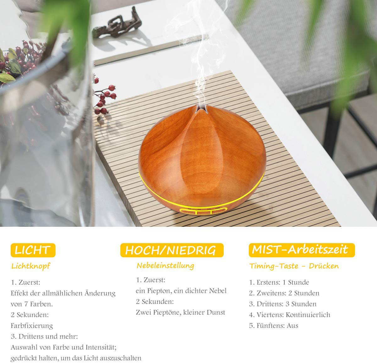 Whisper-Quiet 300ML Wood Grain Bud Shape Aromatherapy Essential Oil Aroma Diffuser With 7 Color Changing