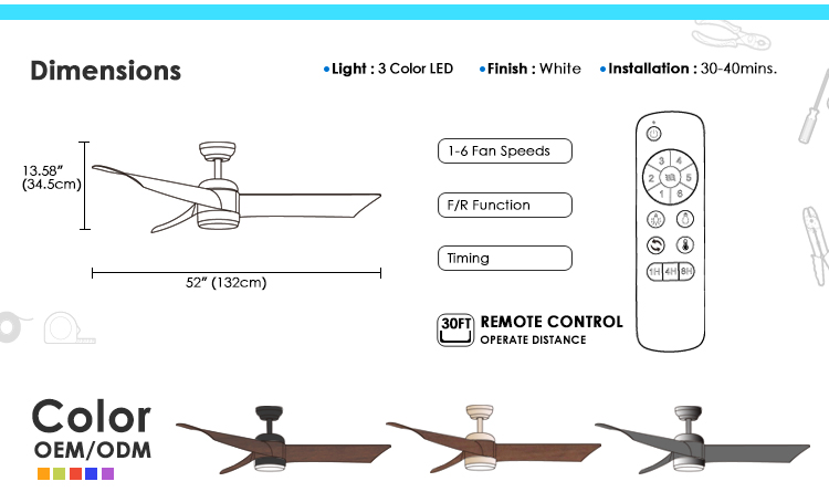 Customized ABS Blades LED Ceiling Fan with WiFi Tuya Control and Lighting Solutions