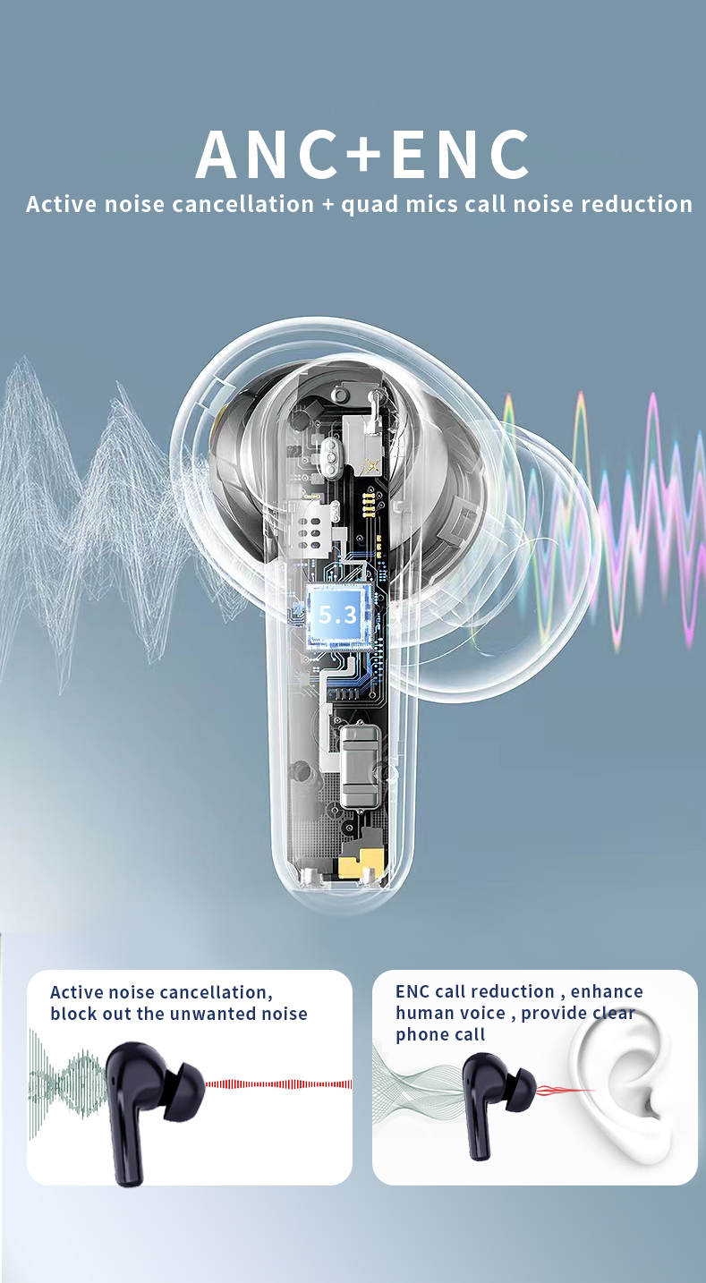 Private Mold Wireless HiFI Earbuds with Low Latency ANC ENC and Digital Display
